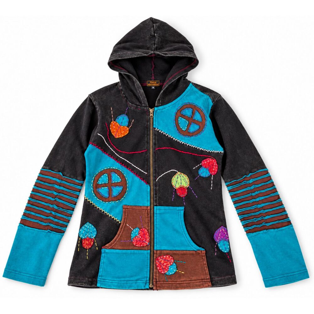 Rising International Women's M Patchwork Hooded Jacket Boho Appliqué Black Teal
